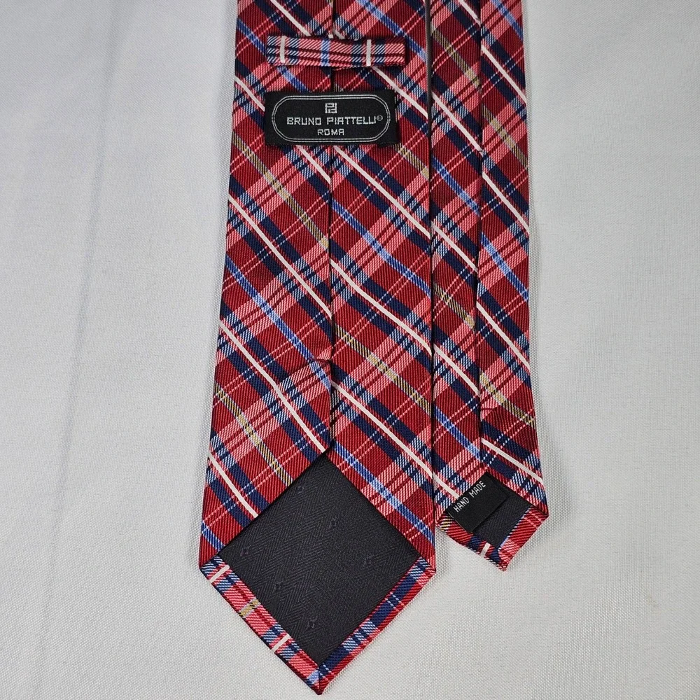 Bruno Piattelli Roma Silk Tie Red Blue White Plaid Hand Made Necktie 3.25 Inch‎